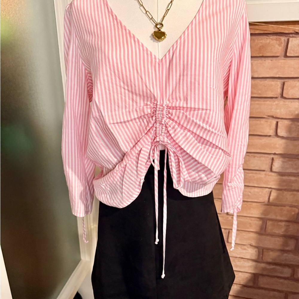 Socialite Pink & White Striped Drawstring V-Neck Blouse